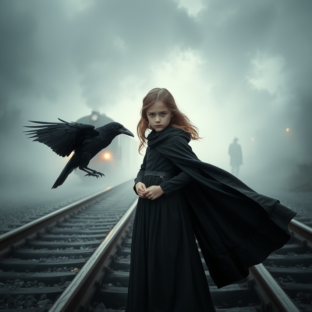 A young girl with an air of mystery, inheriting the role of Death, standing confidently on a train track surrounded by an ethereal mist