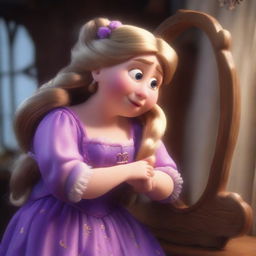 A highly detailed image in 8k of Disney princess Rapunzel, transformed into a fat, old granny looking into a mirror with shock and sadness, touching her face. Emphasize realism and details in dress, skin, and cinematic lighting.