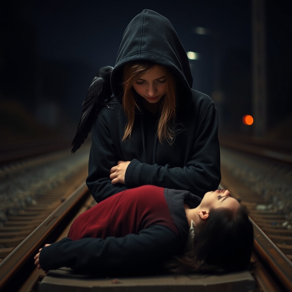 A teenage girl wearing a black hoodie pulled over her face, looking down somberly at her own lifeless body lying on train tracks