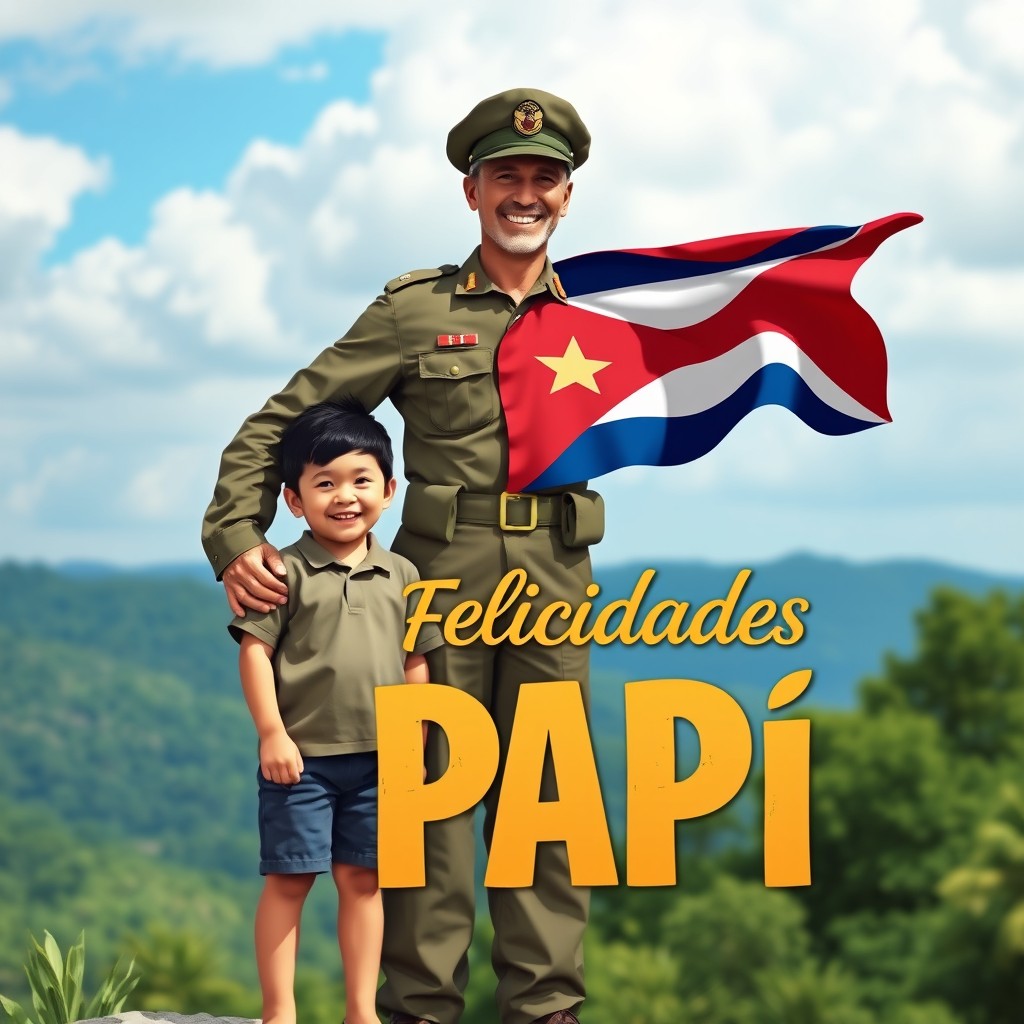 A heartfelt postcard design featuring a proud soldier in military uniform standing tall next to his young son, both smiling