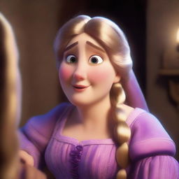 A highly detailed image in 8k of Disney princess Rapunzel, transformed into a fat, old granny looking into a mirror with shock and sadness, touching her face. Emphasize realism and details in dress, skin, and cinematic lighting.