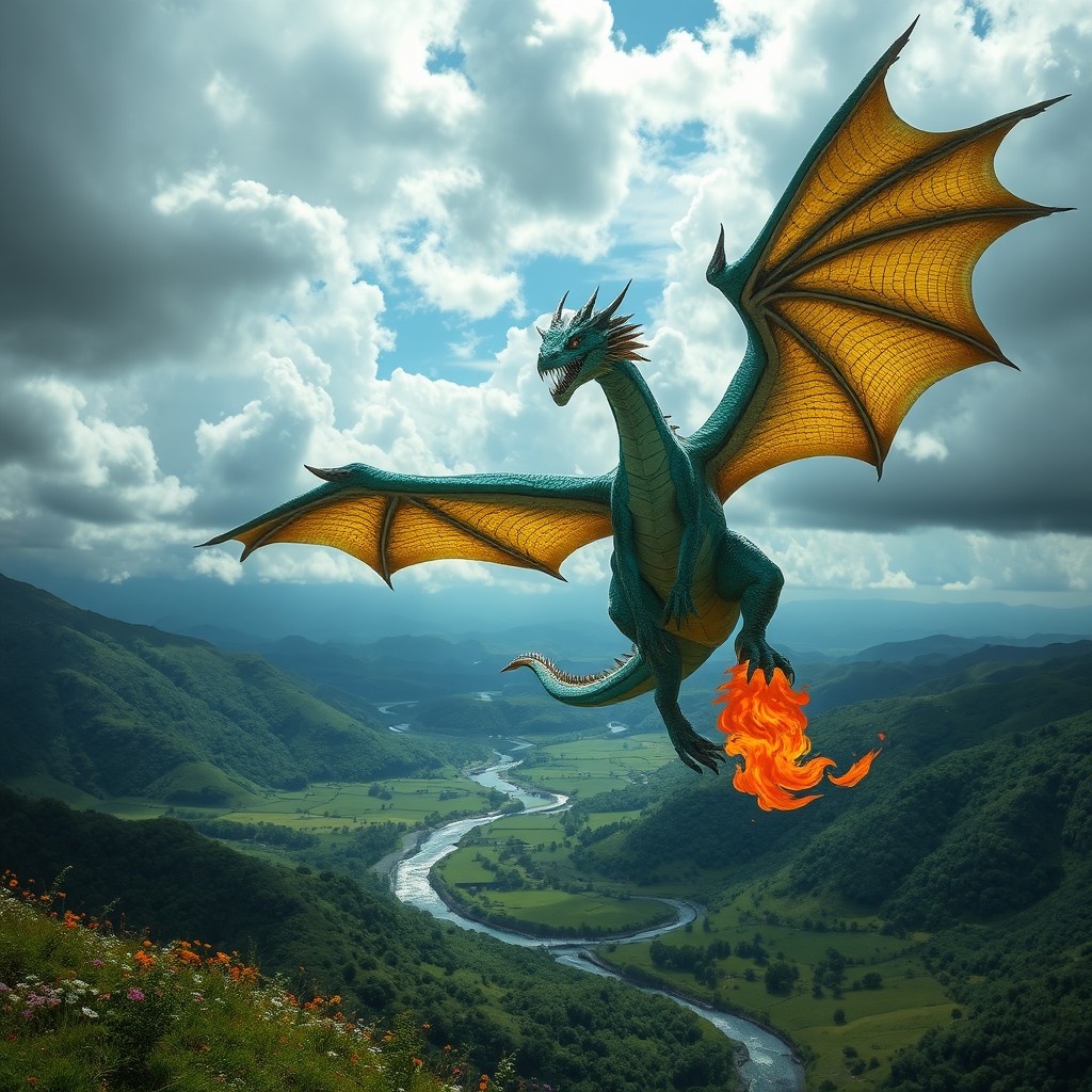 A majestic, fire-breathing dragon soaring high in a cloudy sky