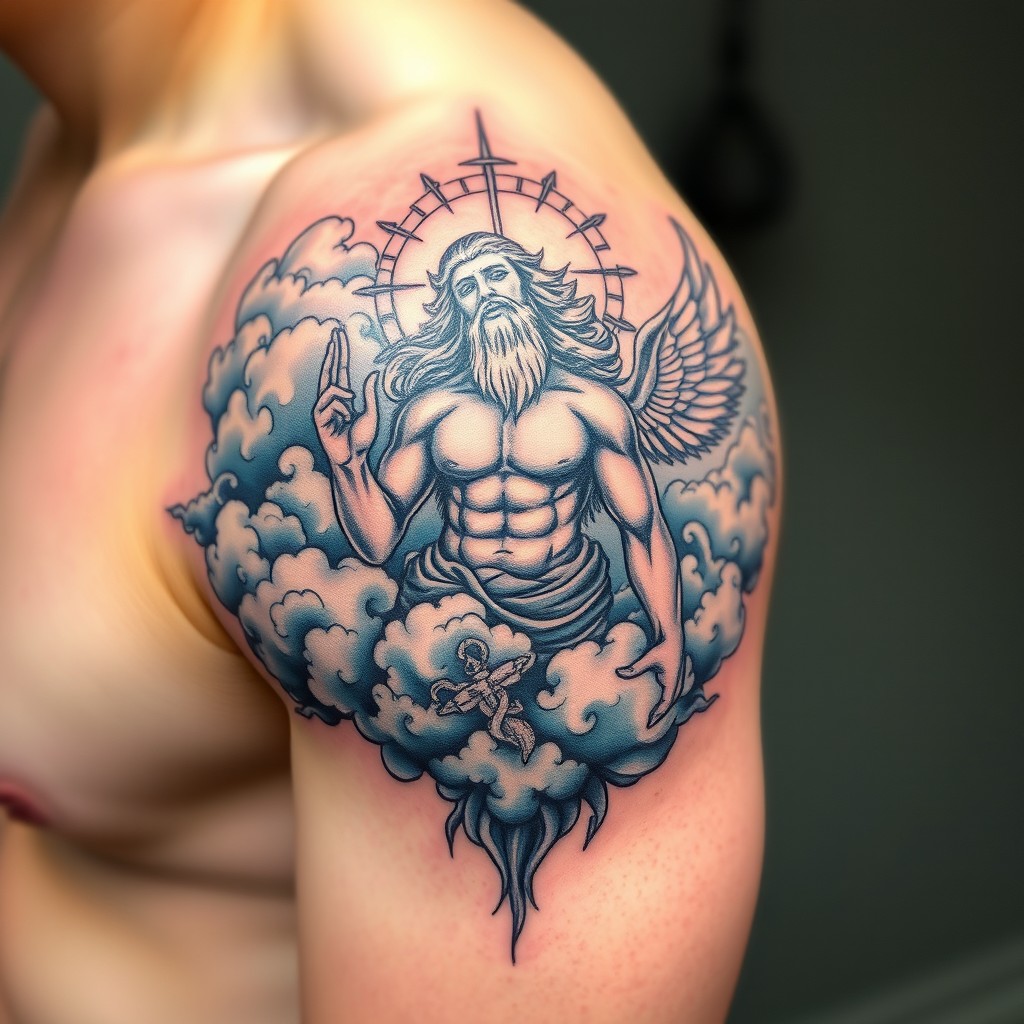 A stunning tattoo design for the upper arm featuring a blend of clouds and mythical gods, intricately detailed with swirling motifs and celestial imagery