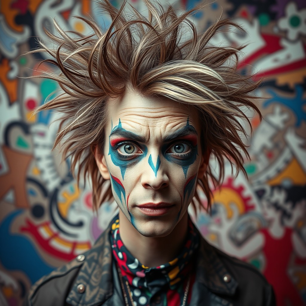 A surreal portrait of a crazy insane person with wild, unkempt hair and expressive eyes that reflect madness