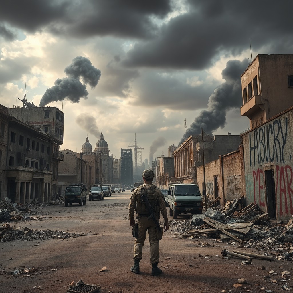 A war-torn cityscape, depicting the aftermath of conflict with crumbling buildings, smoke rising in the air, and debris scattered across the streets