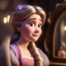 A highly detailed image in 8k of Disney princess Rapunzel, transformed into a fat, old granny looking into a mirror with shock and sadness, touching her face. Emphasize realism and details in dress, skin, and cinematic lighting.