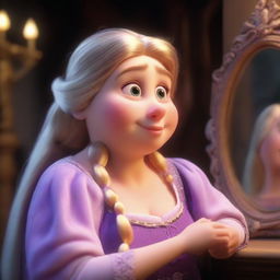 A highly detailed image in 8k of Disney princess Rapunzel, transformed into a fat, old granny looking into a mirror with shock and sadness, touching her face. Emphasize realism and details in dress, skin, and cinematic lighting.