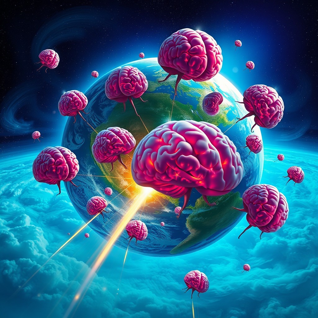 A surreal depiction of brains flying out of planet Earth, illustrating a vibrant blue and green planet as the backdrop