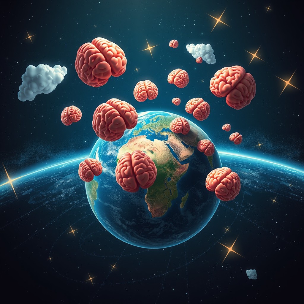 An imaginative and surreal scene depicting planet Earth with brains flying out into space