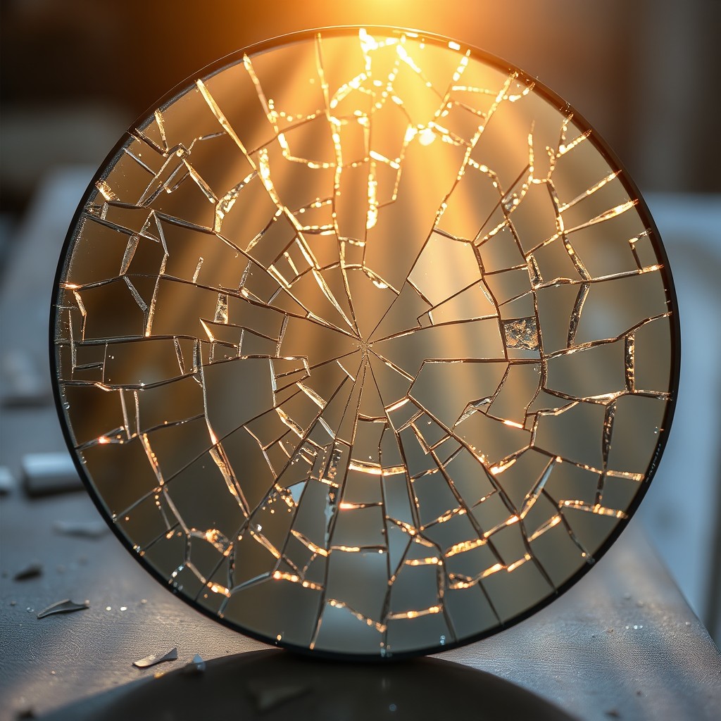 A beautifully shattered mirror with intricate cracks reflecting soft, warm light shining through