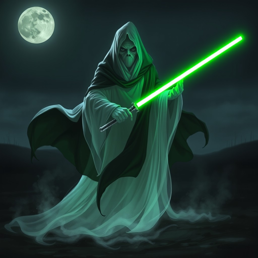 A ghost with a flowing black cape, gently swirling around its ethereal form, holding a vibrant green lightsaber that glows intensely in the dim light