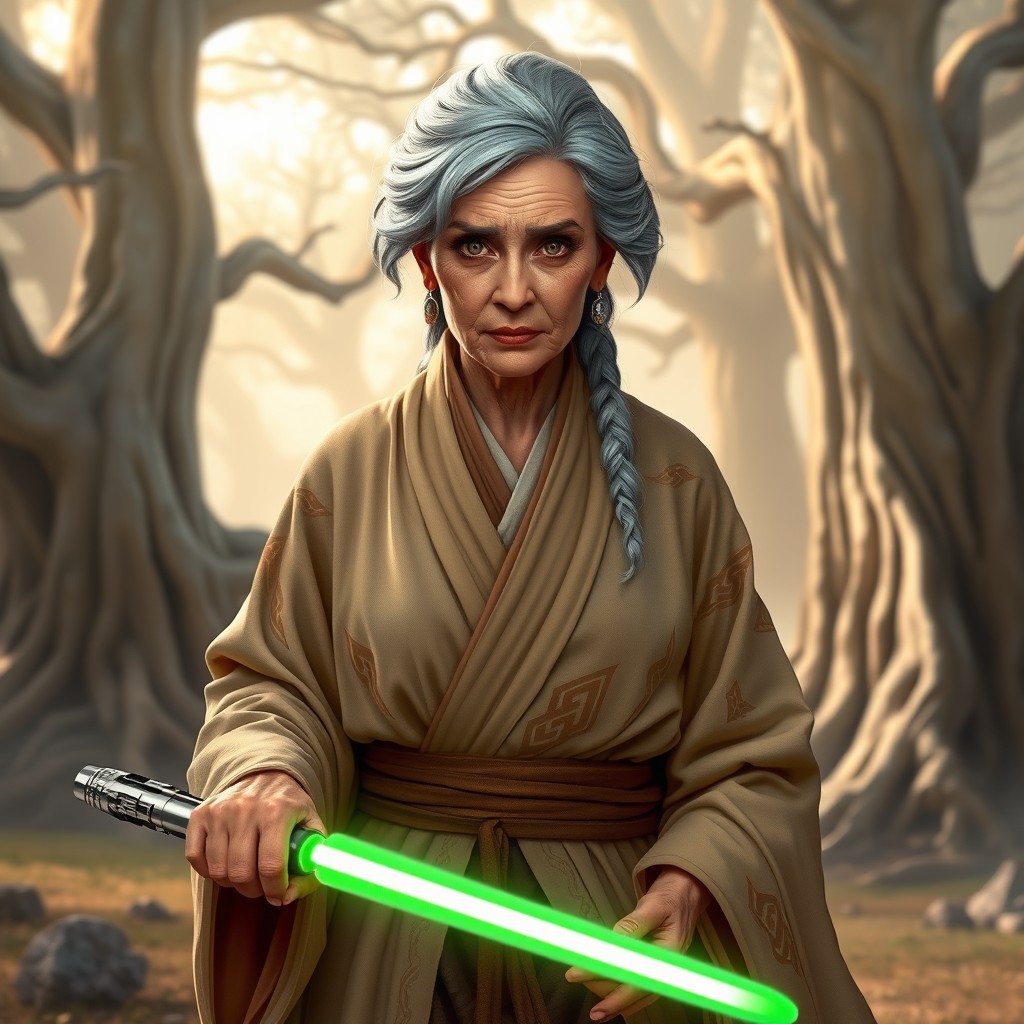 An elderly female character with striking grey hair styled elegantly, warm brown eyes that reflect wisdom, and smooth peach skin that suggests a life well-lived