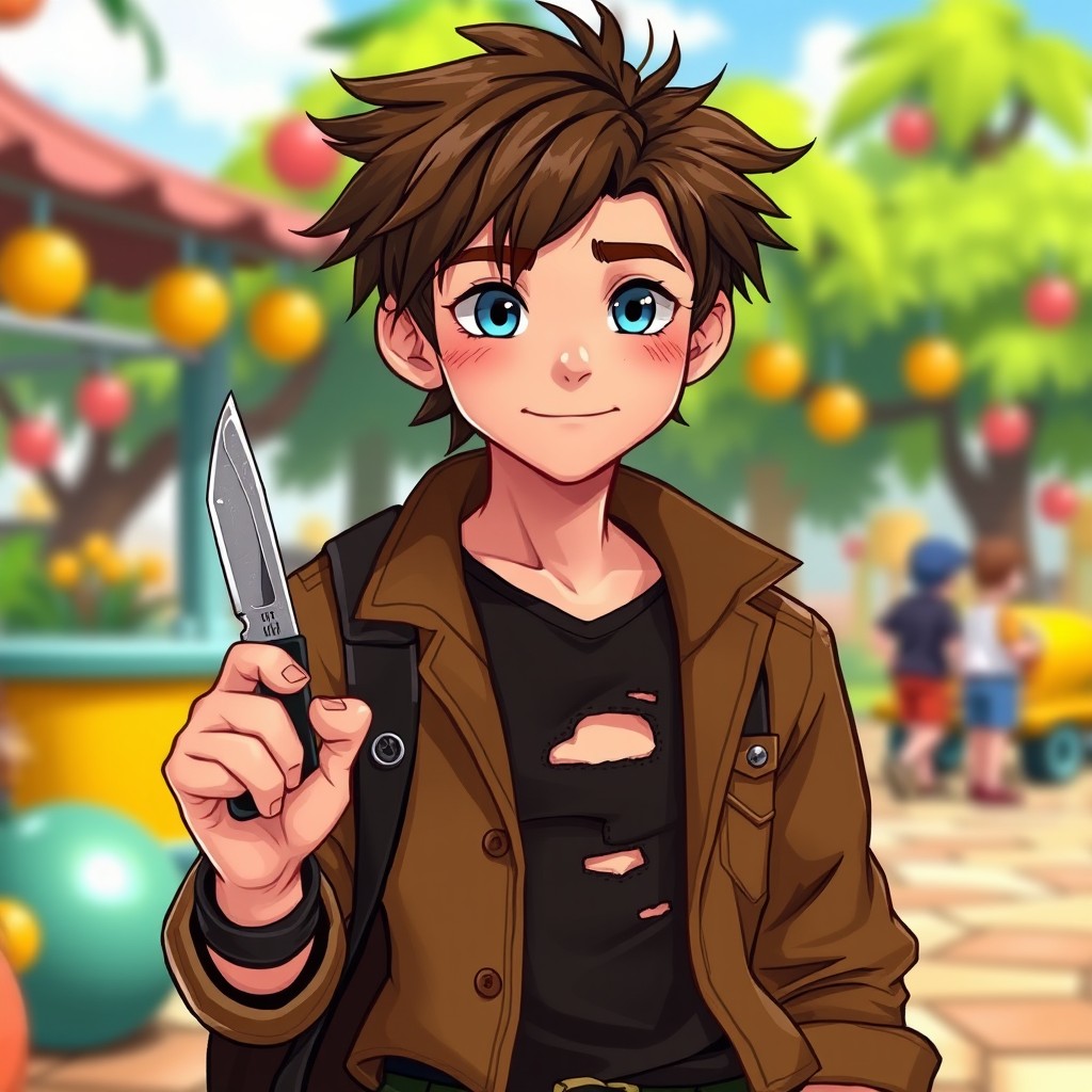 A young male character with tousled brown hair, bright blue eyes, and smooth peach skin