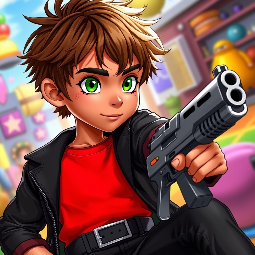 A young male character with tousled brown hair, striking green eyes, and warm brown skin, exuding a playful yet adventurous spirit
