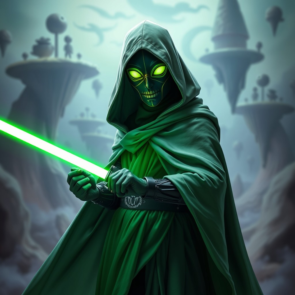 An intriguing character wears a striking half-green, half-black mask with glowing lime eye sockets, projecting a mysterious aura