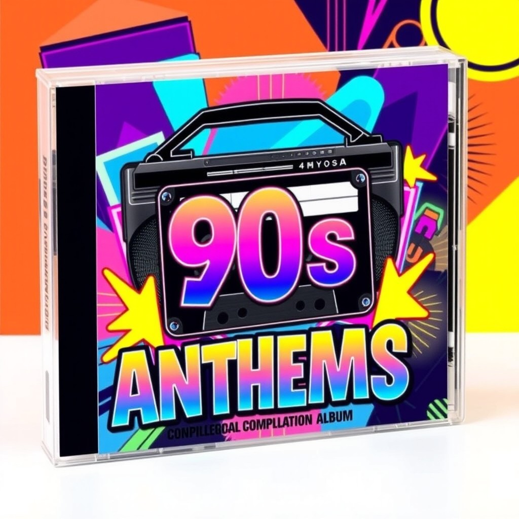 A stylish and eye-catching CD cover design for a compilation album titled '90s Anthems'