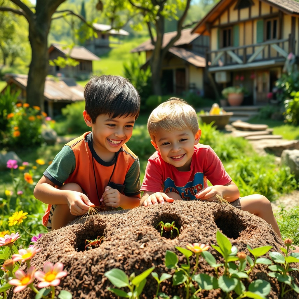 Two cheerful boys in a vibrant village, carefully catching colorful spiders from their intricate burrows