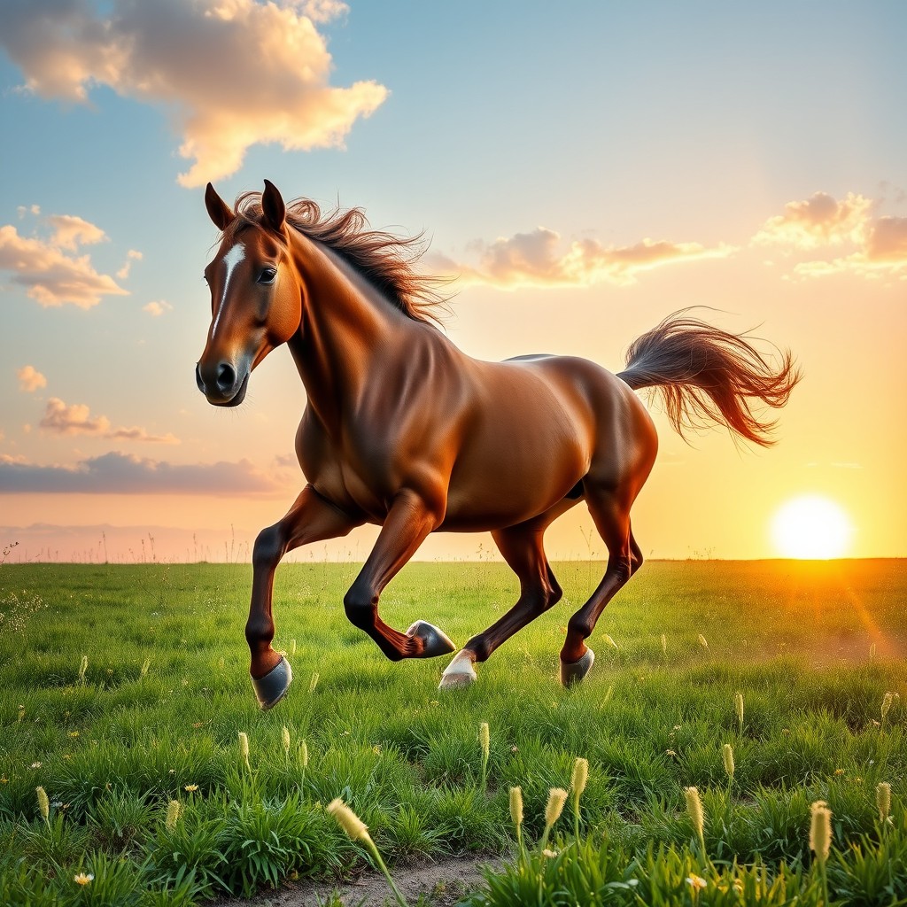 A majestic brown horse galloping through a lush green meadow, its mane flowing in the wind, hooves kicking up dirt and wildflowers surrounding it