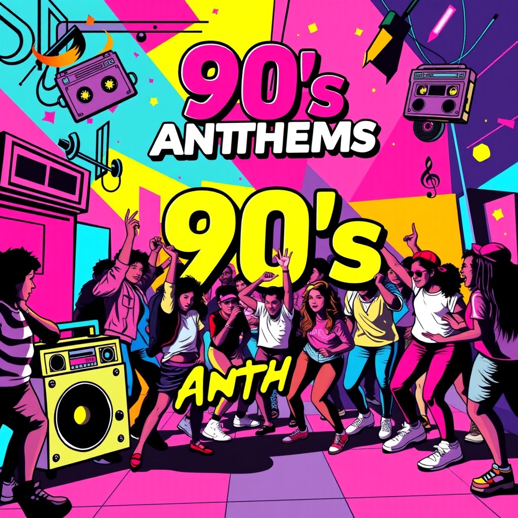 A vibrant and nostalgic cover design for a 90's anthems music album, featuring bold, colorful geometric shapes and abstract patterns that evoke the energetic vibe of the decade