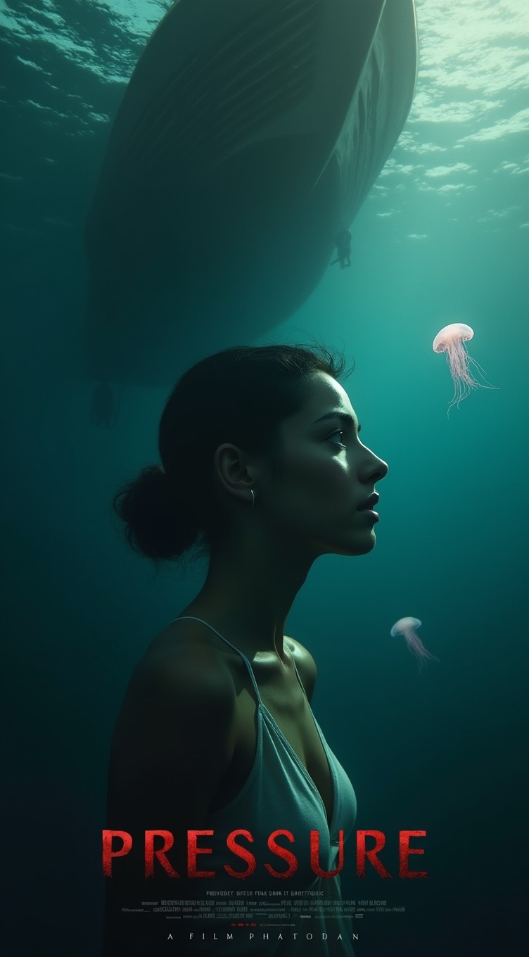An impactful and atmospheric movie poster for the film "Pressure" featuring a light-skinned mixed-race model, Ava Morgan, underwater in profile, looking scared and vulnerable