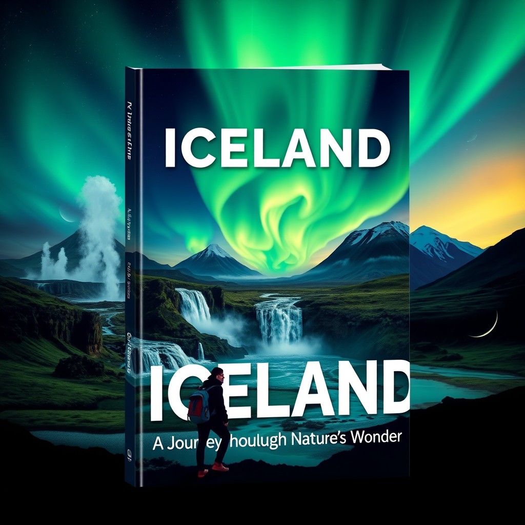 A stunning book cover design for an Iceland Travel Guide, featuring dramatic landscapes with geysers, waterfalls, and volcanic mountains