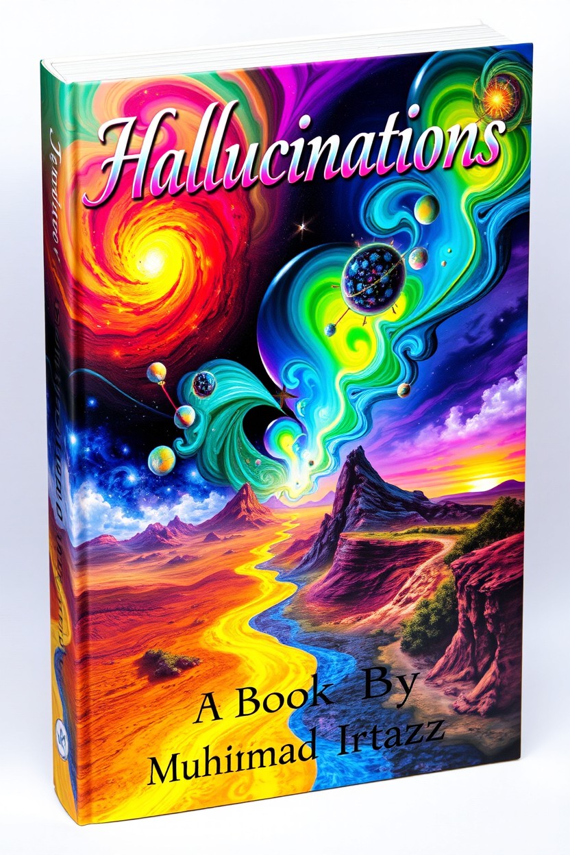 A surreal and visually striking book cover featuring abstract images that evoke the theme of hallucinations, such as swirling colors, distorted shapes, and dreamlike landscapes
