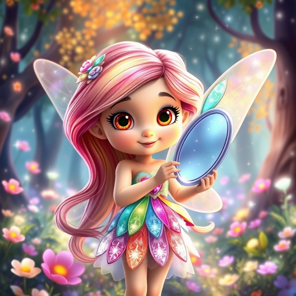 A young fairy with a cute face and large, bright eyes, holding a magical mirror, inspired by Disney Pixar style