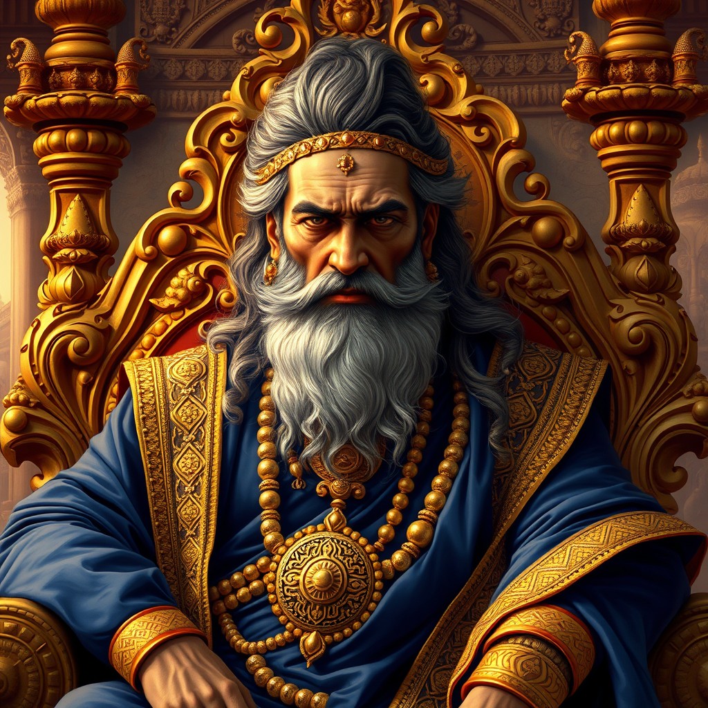 A regal portrait of Dhritarashtra, the blind king of Hastinapura from the Indian epic Mahabharata, depicted sitting on a magnificent throne adorned with intricate carvings and jewels