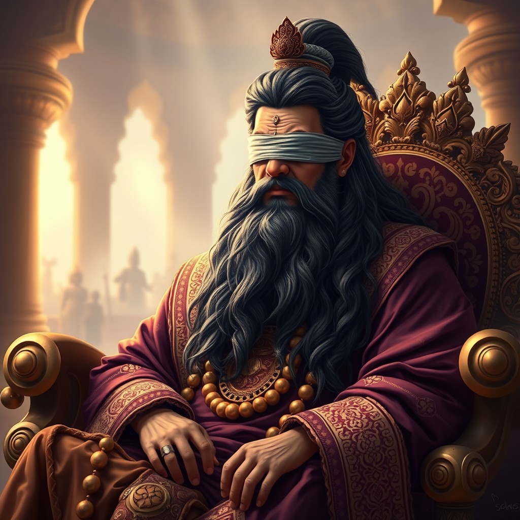 A poignant portrayal of Dhritarashtra, the blind king of Hastinapura from the Mahabharata, depicted with half-open eyes that suggest both wisdom and the weight of his past decisions
