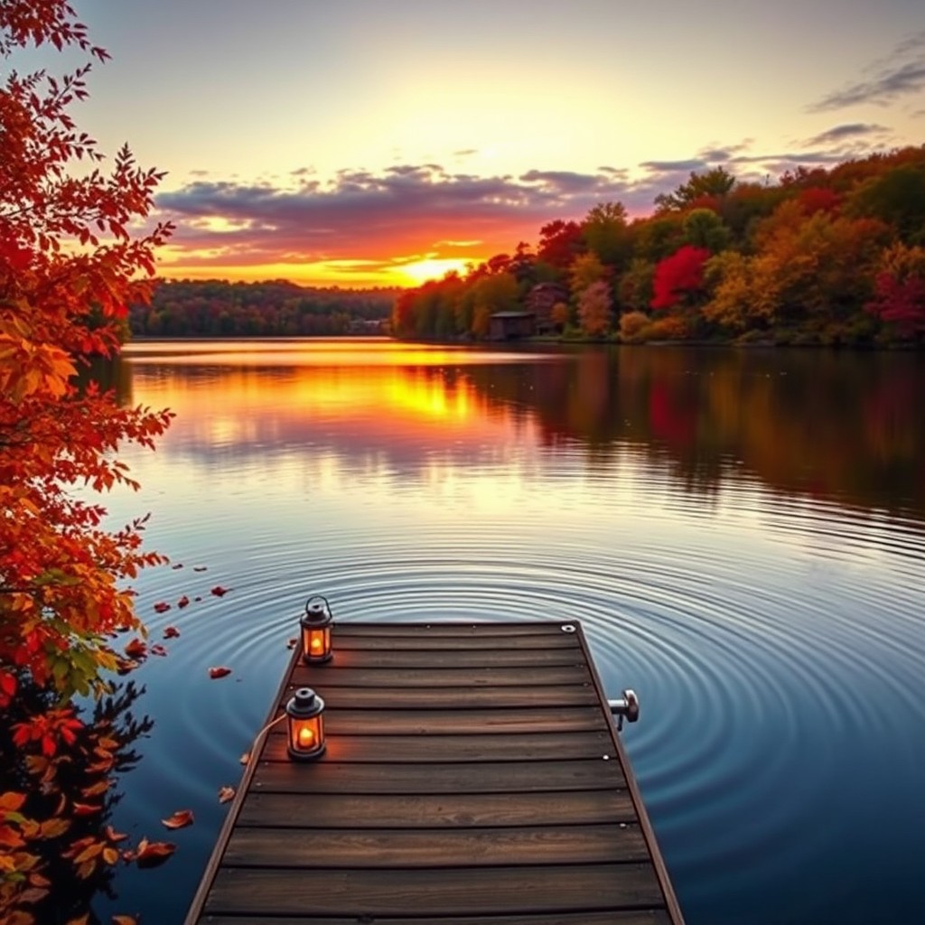 A picturesque autumn landscape featuring a serene lake surrounded by vibrant fall foliage