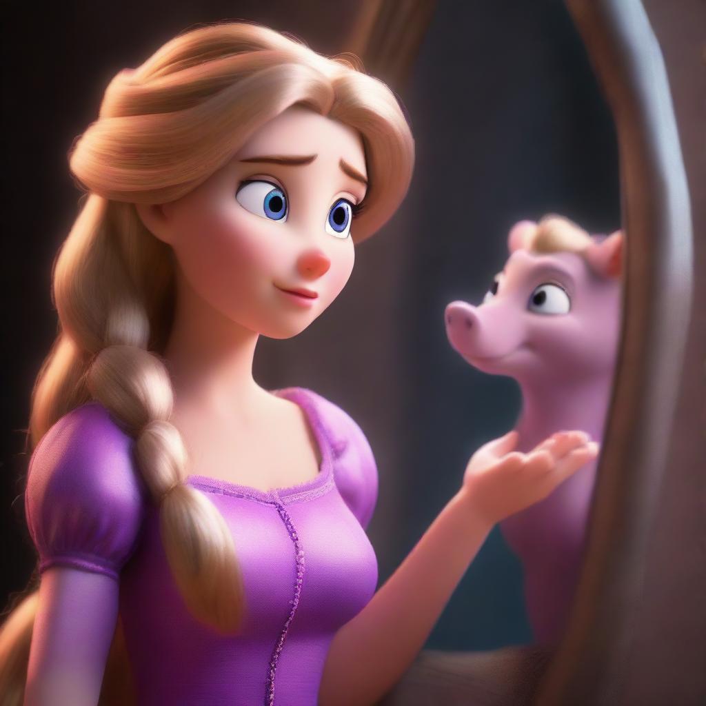 An 8K HD image of Disney princess Rapunzel transformed into a boar, looking bewildered and upset in the reflection of a mirror. Emphasize the details in her dress, skin, and use highly realistic, cinematic lighting.