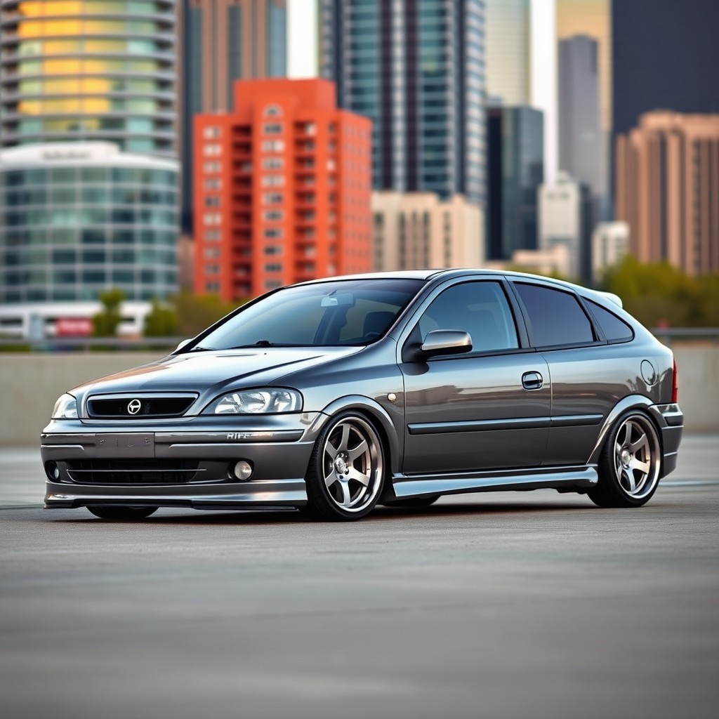 A sleek 2002 Astra Sunny in grey color, fitted with stylish Ride Dallas wheels, featuring a lowered stance that enhances its sporty appearance