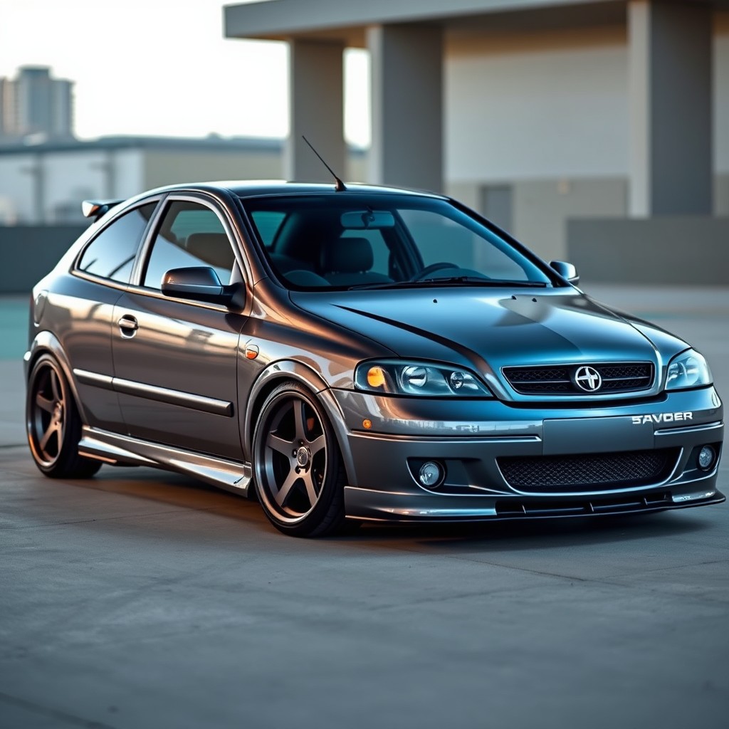 A stylish 2002 Astra Sunny in a sleek grey color, showcasing custom Ride Dallas wheels