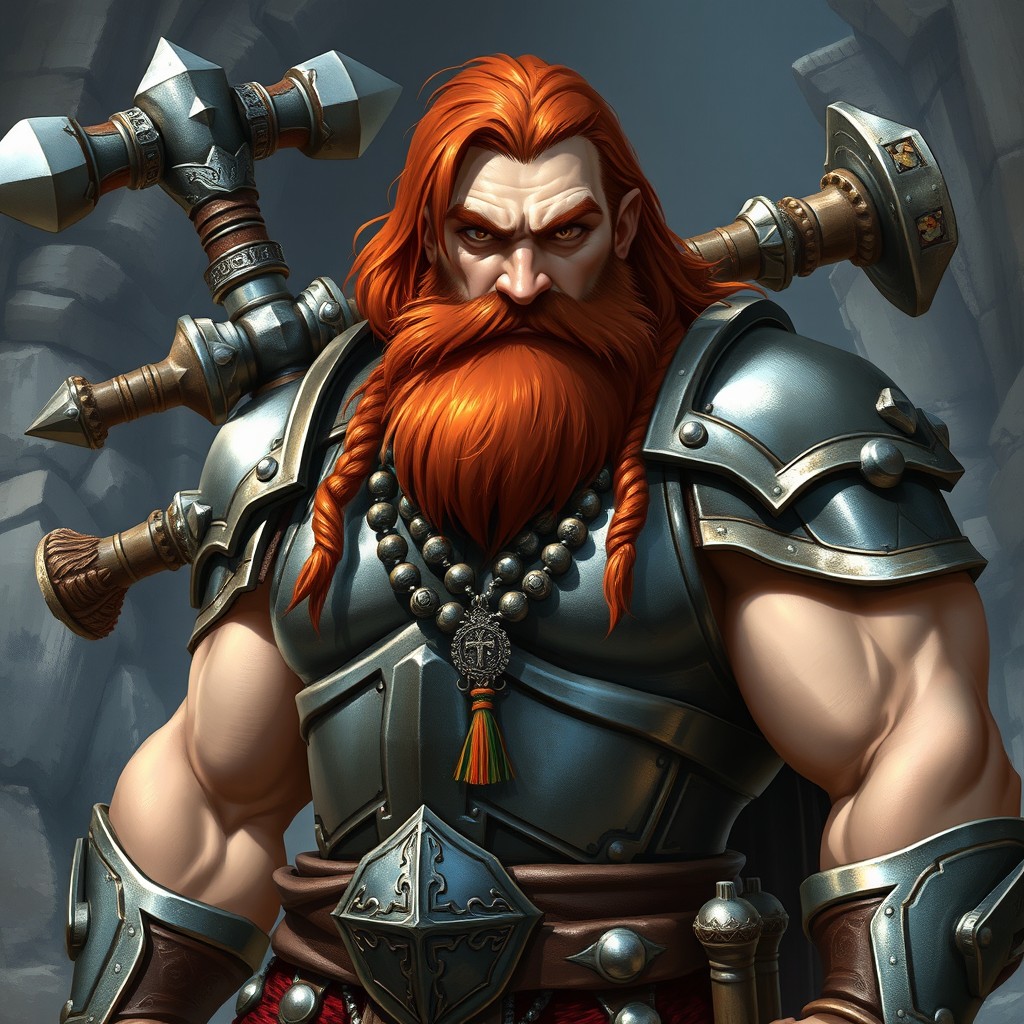 A muscular dwarven paladin standing proudly, clad in heavy metallic armor that gleams in the light