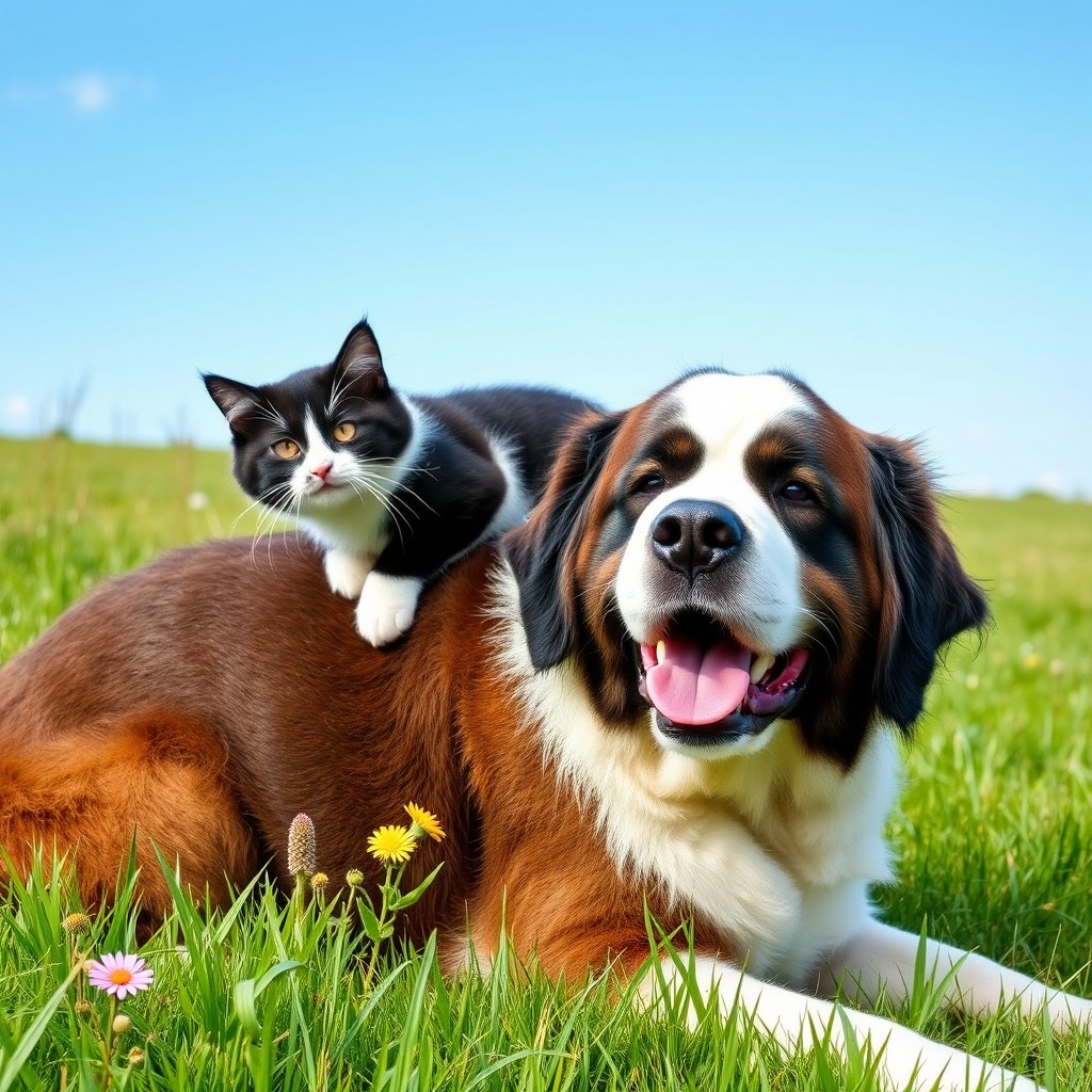 A whimsical scene featuring a black and white cat comfortably perched on the back of a friendly St Bernard dog