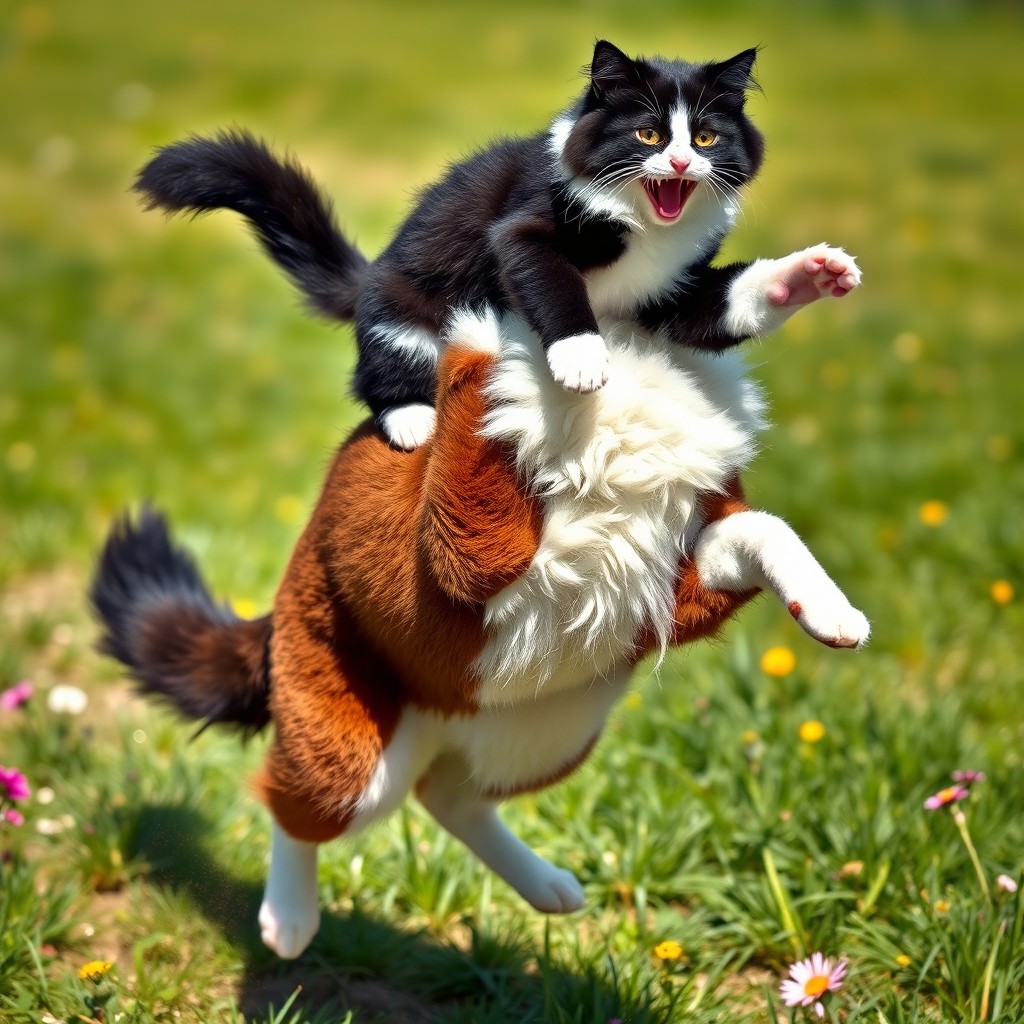 A lively scene depicting a black and white cat energetically riding on top of a bucking St Bernard dog