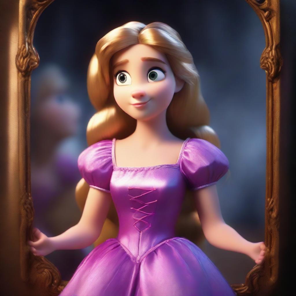 An 8K HD image of Disney princess Rapunzel transformed into a boar, looking bewildered and upset in the reflection of a mirror. Emphasize the details in her dress, skin, and use highly realistic, cinematic lighting.