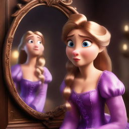 An 8K HD image of Disney princess Rapunzel transformed into a boar, looking bewildered and upset in the reflection of a mirror. Emphasize the details in her dress, skin, and use highly realistic, cinematic lighting.