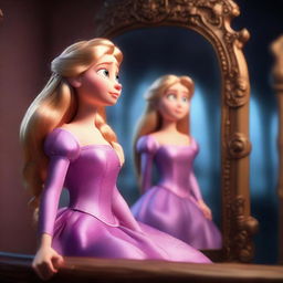 An 8K HD image of Disney princess Rapunzel transformed into a boar, looking bewildered and upset in the reflection of a mirror. Emphasize the details in her dress, skin, and use highly realistic, cinematic lighting.