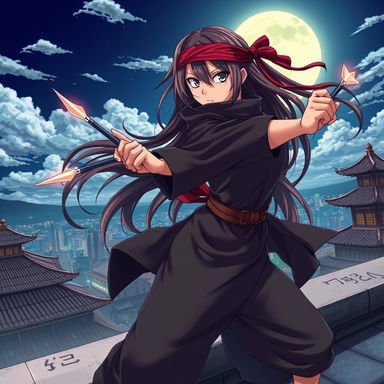 A dynamic anime scene featuring a fierce ninja girl in a traditional ninja outfit, complete with a headband and throwing stars