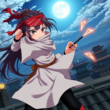 A dynamic anime scene featuring a fierce ninja girl in a traditional ninja outfit, complete with a headband and throwing stars