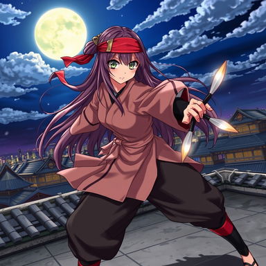 A dynamic anime scene featuring a fierce ninja girl in a traditional ninja outfit, complete with a headband and throwing stars