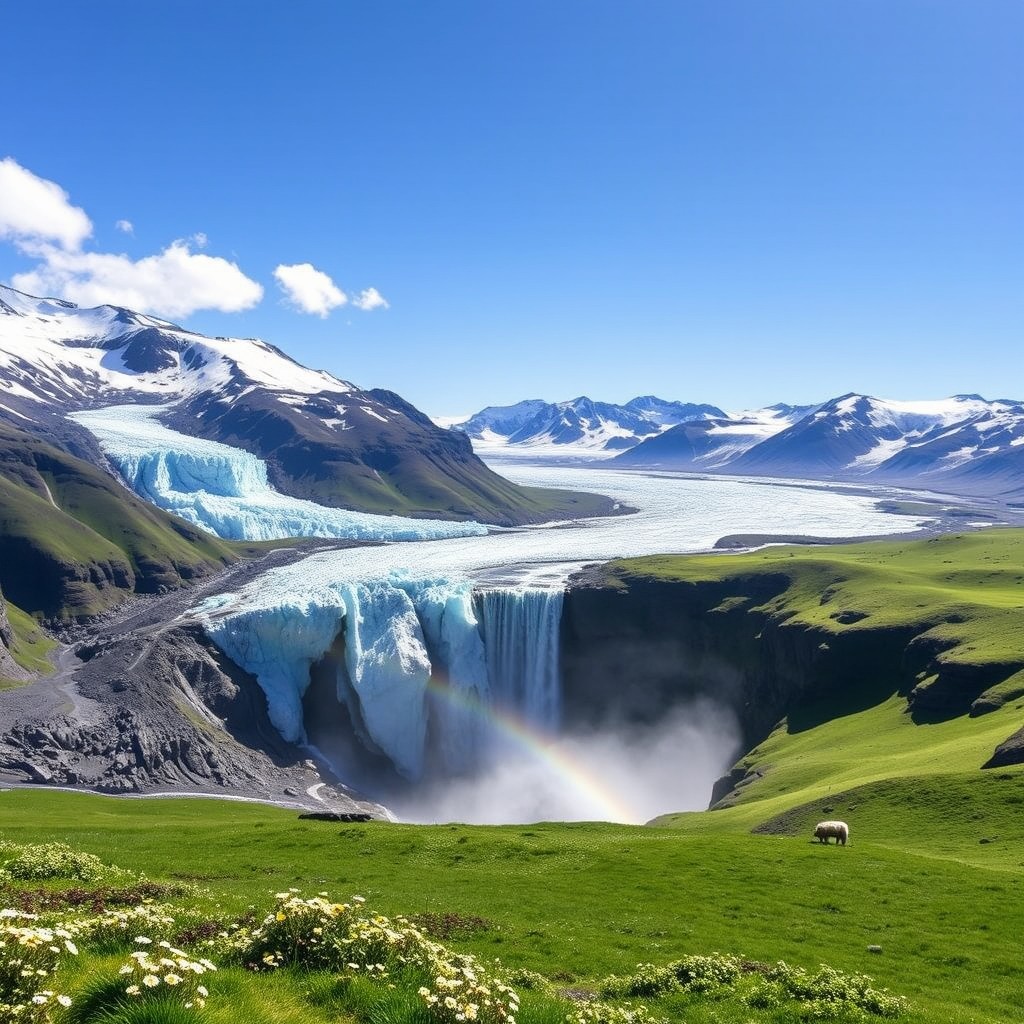 A breathtaking view of Iceland's dramatic landscape, showcasing majestic glaciers and towering volcanoes under a clear blue sky