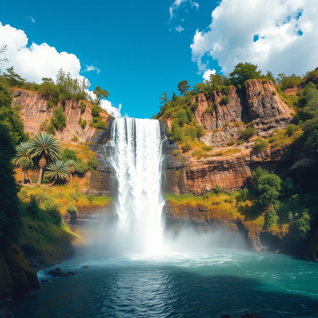 A stunning landscape featuring a majestic waterfall cascading down a rocky cliff, surrounded by lush green trees and vibrant foliage