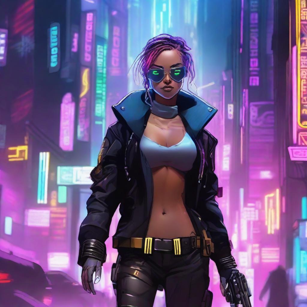 A cyberpunk female spy infiltrator, with neon accents, high-tech futuristic gadgets, edgy attire, and an enigmatic aura in a dense, dystopian cityscape background.