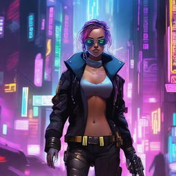 A cyberpunk female spy infiltrator, with neon accents, high-tech futuristic gadgets, edgy attire, and an enigmatic aura in a dense, dystopian cityscape background.