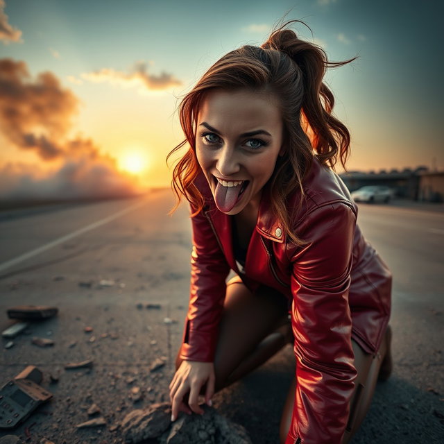 An ultra-photorealistic portrait of Elizabeth Olsen portraying Scarlet Witch from "Captain America: Civil War", playfully kneeling on broken concrete and sticking out her tongue at the camera