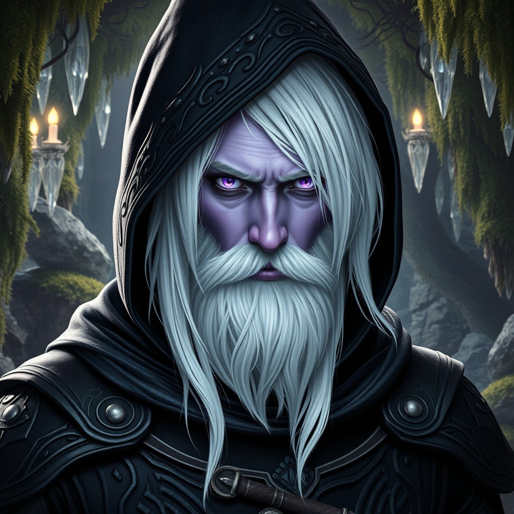 A drow man characterized by his striking white-blonde hair and a full beard, complemented by his light purple skin