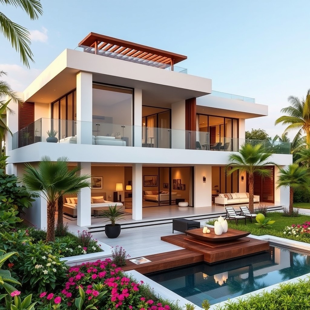 A stunning modern villa featuring two spacious floors, designed with sleek lines, large glass windows, and an open floor plan
