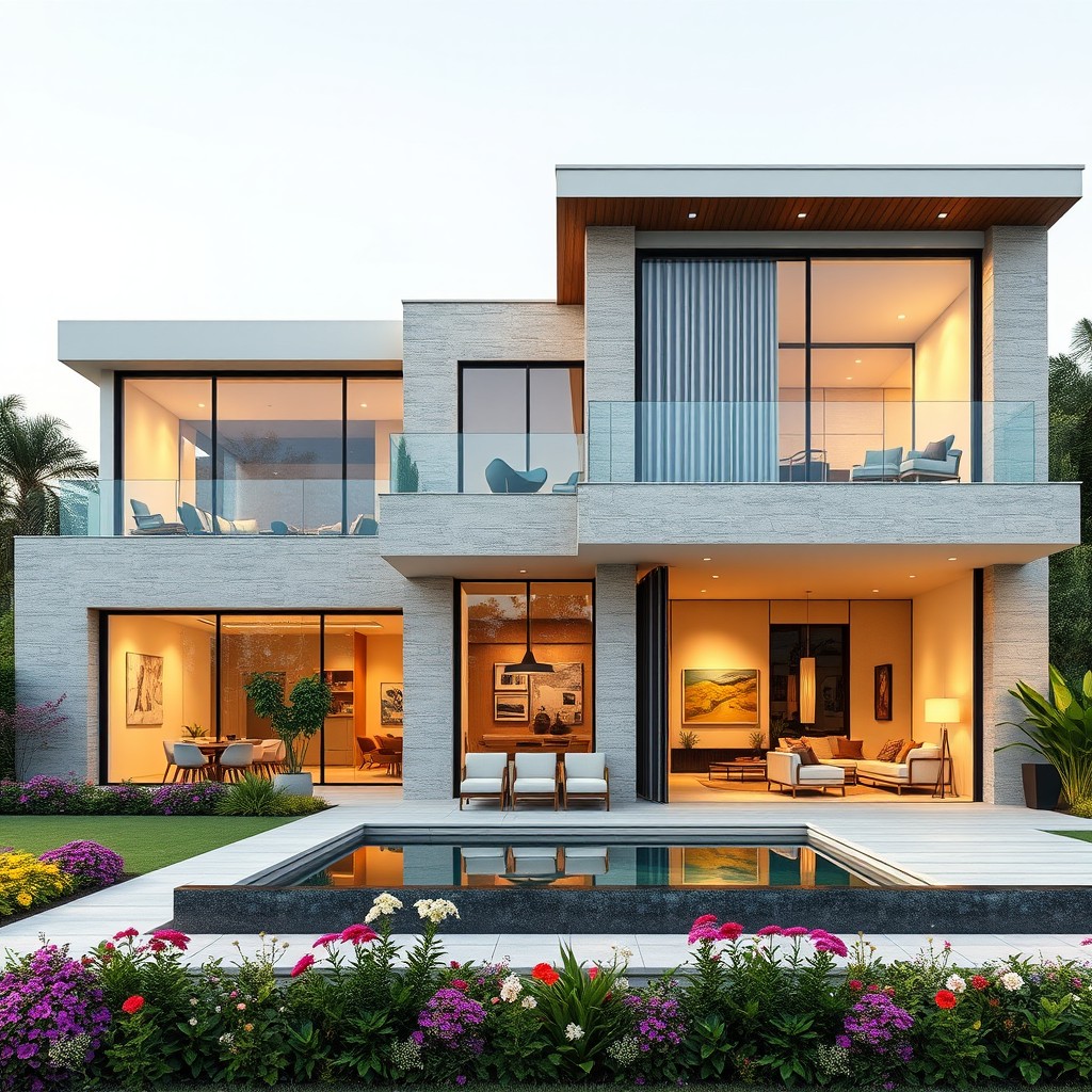 A beautiful modern villa with two elegantly designed floors, featuring expansive glass windows and a minimalist aesthetic